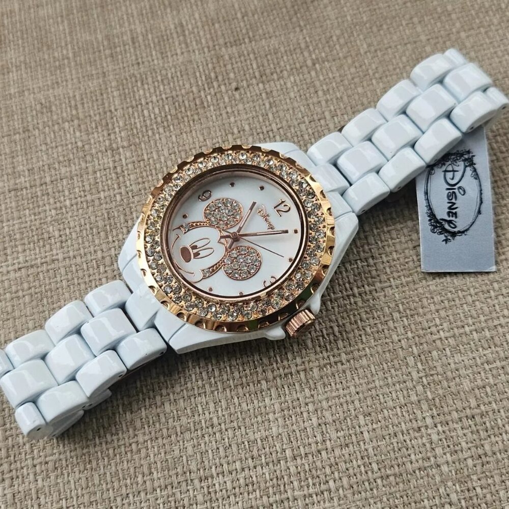 Minnie Mouse Wristwatch Crystals Accent Gold Tone Bezel Analog Watch Accutime - Picture 9 of 11
